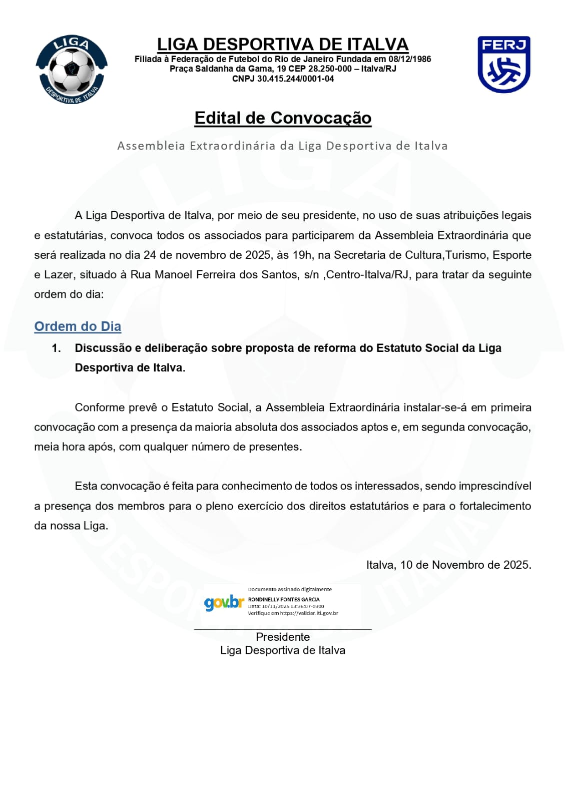 LIGA DESPORTIVA DE ITALVA DIVULGA EDITAL DE CONVOCAÇÃO.